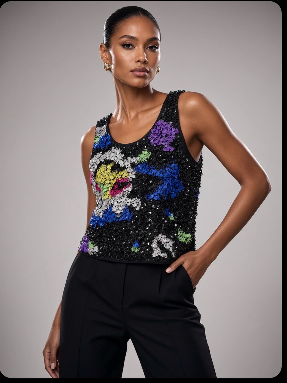 Milly Black Sequin Floral-Embellished Tank